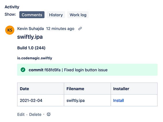 A formatted Jira issue comment